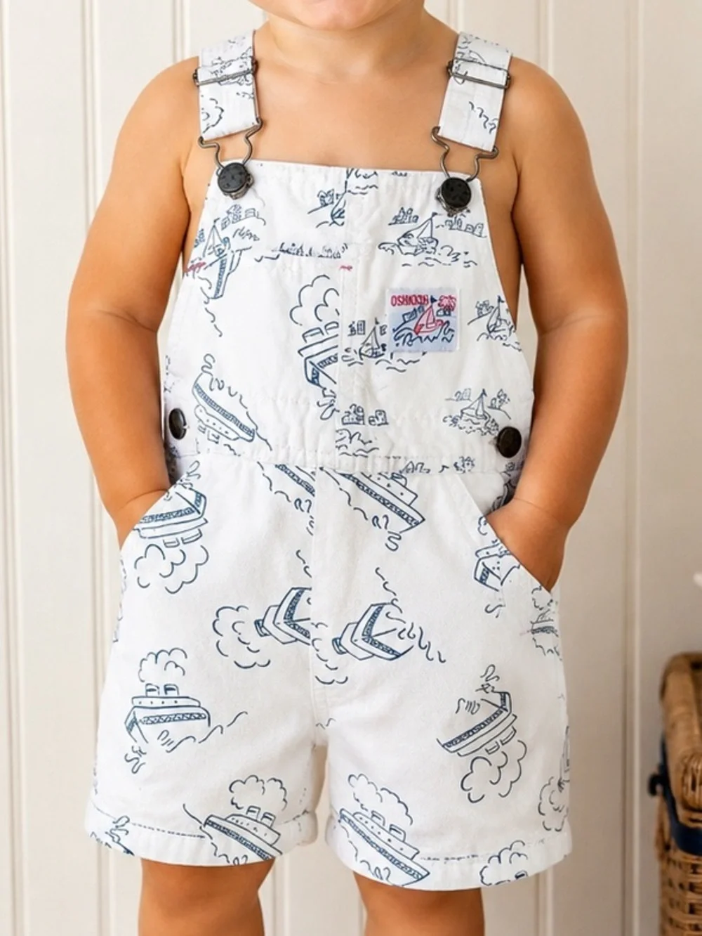 Vintage OshKosh B’Gosh Vestbak Sailboat Shortalls 2T Nautical USA Kids Overalls